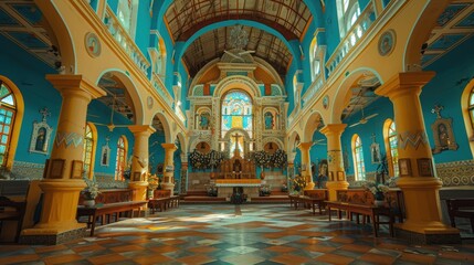 Obraz premium A beautifully adorned church interior with vibrant blue, yellow, and white accents, featuring ornate decorations, tall arches, and intricate tile work creating a serene and spiritual atmosphere
