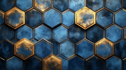 A textured wall featuring hexagonal tiles in blue and gold hues.