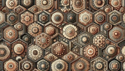 Intricate tessellation of hexagons and circles in earthy tones, inspired by natural patterns and harmony,generative ai


