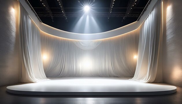 illuminated white stage featuring a prominent spotlight, creating a dramatic and captivating atmosphere for performances or presentations