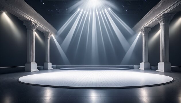 illuminated white stage featuring a prominent spotlight, creating a dramatic and captivating atmosphere for performances or presentations