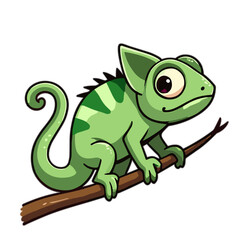 Obraz premium Cute cartoon chameleon on branch on white background