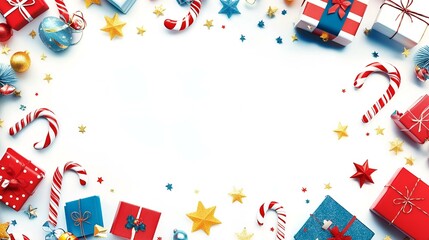 Obraz premium Christmas and New Year Festive Border with Gift Boxes, Candy Canes, Baubles, and Stars on White Background. Holiday Celebration Frame with Red, Blue, and Gold Decorations.