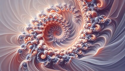 Delicate fractal shapes spiraling in soft lavender and peach tones, forming an organic flow with dynamic visual movement,generative ai

