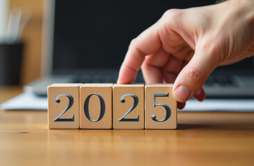 Businessman turns wooden cubes and changes the numbers to 2025.