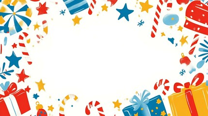 Fototapeta premium Christmas and New Year Festive Border with Gift Boxes, Candy Canes, Baubles, and Stars on White Background. Holiday Celebration Frame with Red, Blue, and Gold Decorations.