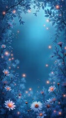 Enchanting Blue Forest with Fireflies and Flowers