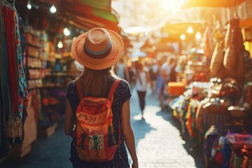 Obraz premium Woman Walking in Vibrant Market at Sunset