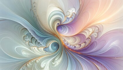 Gentle fractal waves flowing into soft curves, blending into pastel lavender and mint hues, with golden highlights enhancing intricate lines,generative ai

