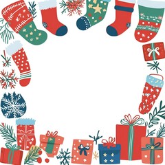  Christmas-Themed Border with Festive Stockings, Gifts, and Snowflakes in Red, Green, and Blue Colors, Perfect for Holiday Greetings and Invitations.
