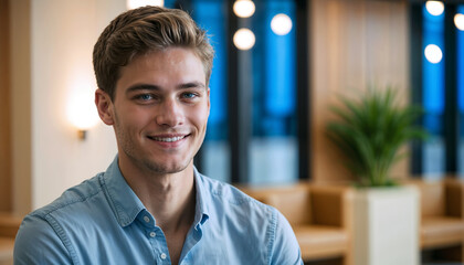 A confident young man smiles warmly in a stylish office, portraying a sense of success and professionalism. Ideal for business and career-related use.

