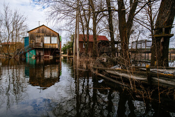 Flooded rural houses. Concept of disaster