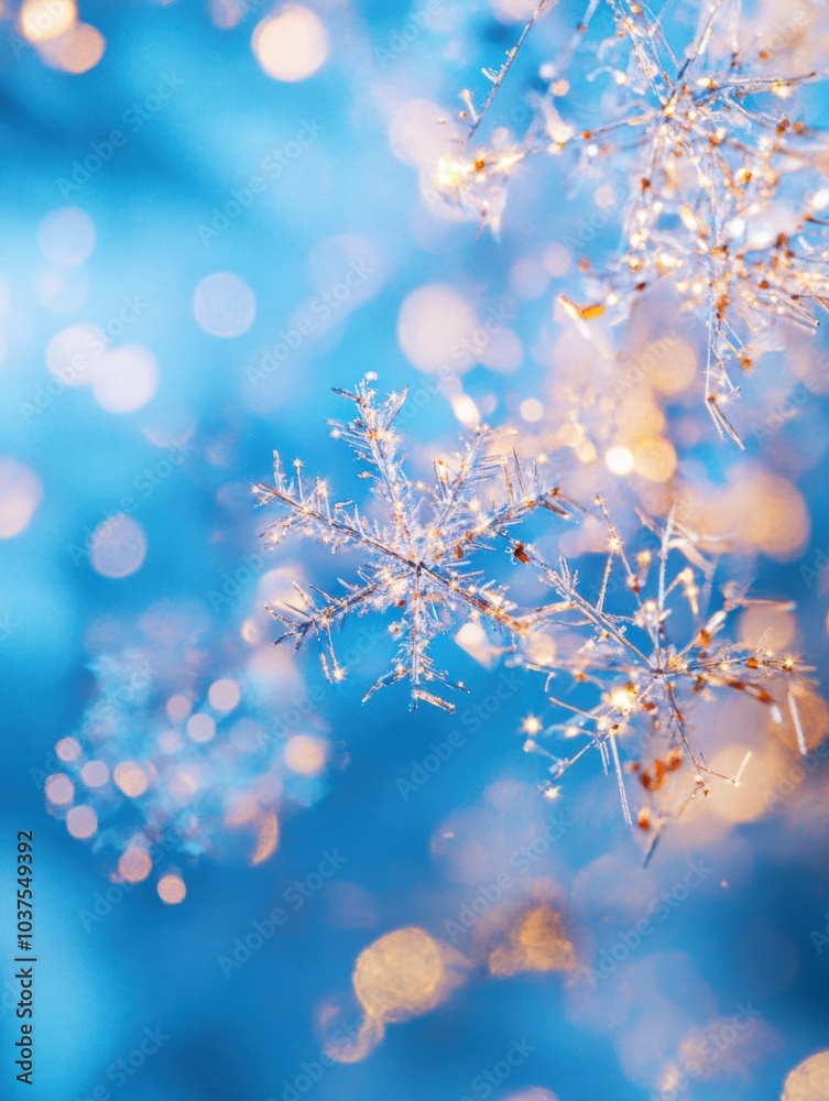 Poster Delicate snowflakes float in the air, sparkling with reflections of light amidst a vibrant blue backdrop, creating a winter dreamscape. Generative AI