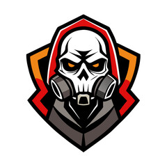 Skull in Gas Mask Logo: A fierce skull wearing a gas mask, shrouded in a red hooded cloak, is powerfully presented within a sharp, geometric emblem. This logo design embodies strength, mystery.