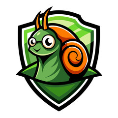  A whimsical cartoon snail, donning spectacles and a friendly grin, is the centerpiece of a vibrant, shield-shaped emblem. The design radiates approachability.