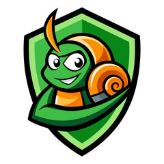  A cartoon snail mascot, radiating a confident and secure vibe within a vibrant green shield.