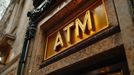 Obraz premium A golden ATM sign mounted on a marble wall outside a building exemplifies luxurious financial services infrastructure in an urban setting