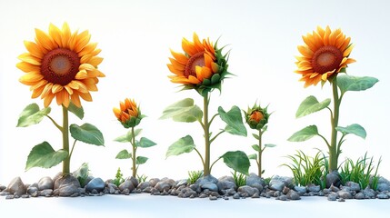 Obraz premium A series of sunflowers at different growth stages, set against a light background.