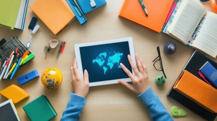 A person learning online with a tablet surrounded by books and educational tools, Modern lifestyle scene, Educational style