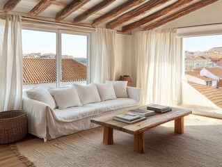 A living room with a white couch and a coffee table