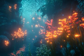 Fototapeta premium Fond d'écran jardin sous-marin éclairé par des plantes lumineuses 