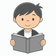 Boy Reading Book Outline Vector Illustration | Minimalist Line Art on White Background