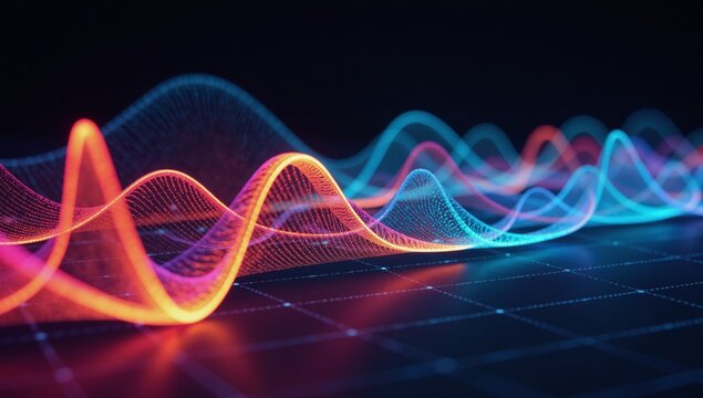 Vivid graphical portrayal of vibrant soundwaves against a dark backdrop featuring digital glow-effects that represent musicality and tech