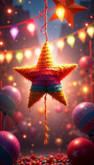 Colorful piñata star hanging at festive celebration