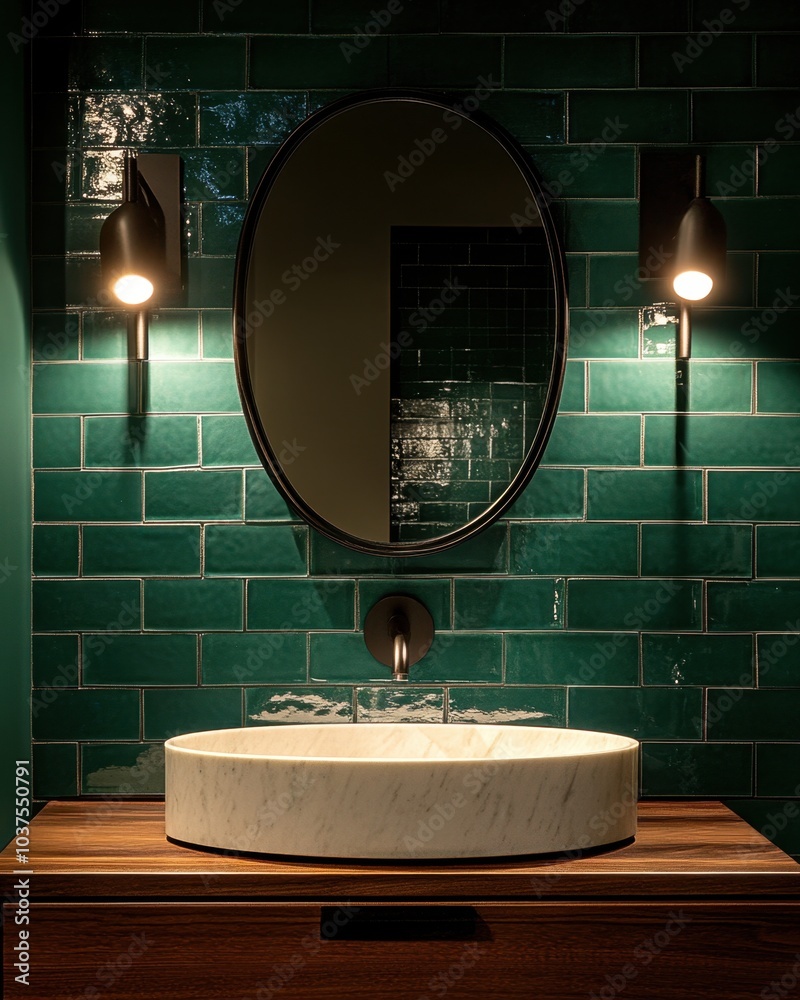 Wall mural A green tiled bathroom with a white sink and a mirror