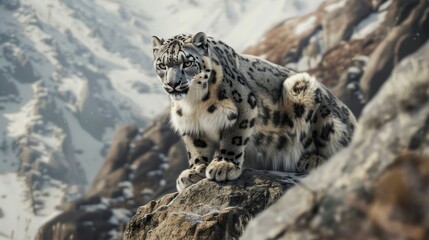 Snow Leopard on Mountain Peak
