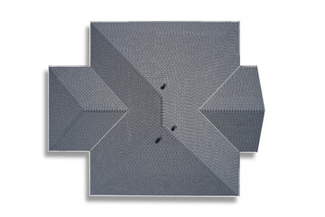 Top view of the new roof of the house made of soft bitumen tiles on an isolated background