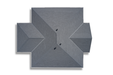 Top view of the new roof of the house made of soft bitumen tiles on an isolated background