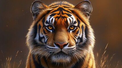 Fototapeta premium A close-up of a majestic tiger's face, showcasing its striking features and intense gaze.