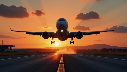 Naklejka premium Aircraft lifts off during sunset departure