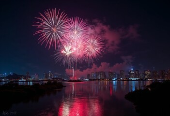 Fototapeta premium Vibrant Fireworks Bursting over City Skyline Reflected in Harbor