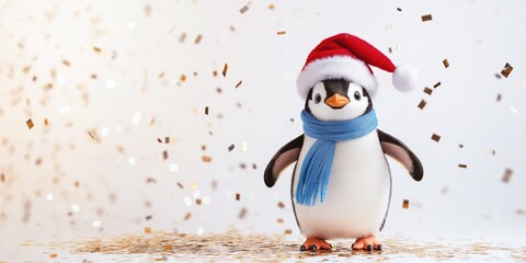 A penguin is standing on a pile of gold confetti, wearing a red hat and a blue scarf. The scene is festive and playful, with the penguin looking happy and ready to celebrate