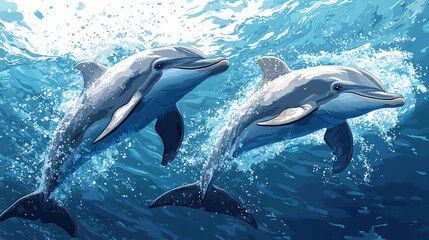 Two dolphins swimming gracefully in vibrant blue waters, showcasing marine life beauty.