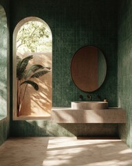 A bathroom with a green wall and a mirror