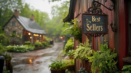 A tranquil rainy day at a quaint countryside village with a rustic bookshop featuring a Best Sellers sign and lush greenery surrounding the area