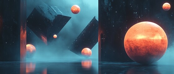 A space scene with a blue background and orange balls floating in the air