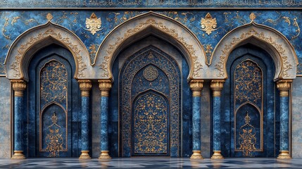 Ornate blue and gold architectural facade with intricate arches and doors.