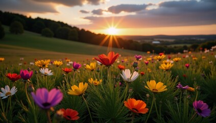 Fototapeta premium Blooming wildflowers illuminate under setting sunlight in a vibrant spring scene