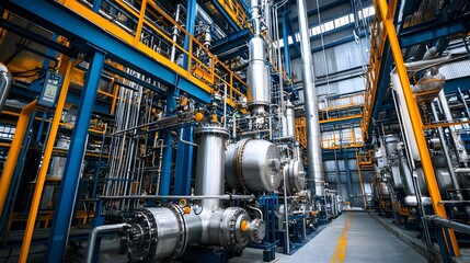 Fototapeta premium Industrial Factory Interior with Steel Pipes and Machinery.