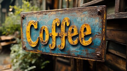 An outdoor photograph showing an old, rustic signboard with the word Coffee in yellow letters against a blue background, indicating a coffee shop or cafe