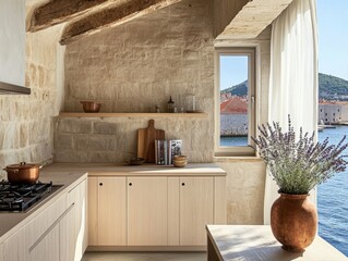 A kitchen with a window overlooking the water