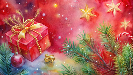 Colorful watercolor Christmas gift with festive decorations