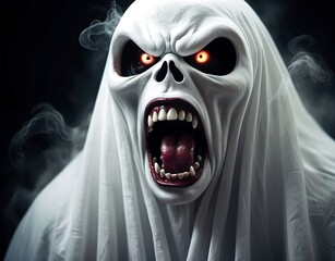 Scary looking ghost with open mouth nd smoke on the black background. Author Artist Nadia Russ.	
