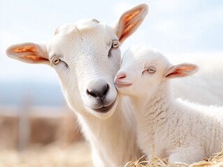 Obraz premium White goat gently nuzzling its newborn kid in a barnyard setting