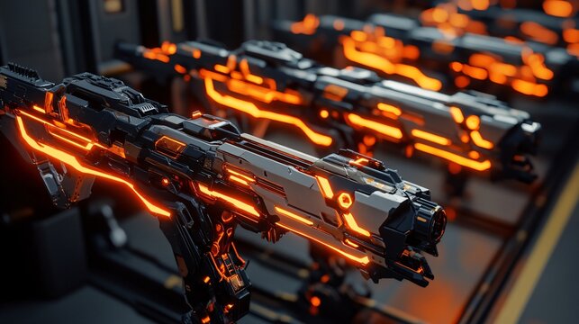 Futuristic weapon with glowing orange lines. - Powered by Adobe