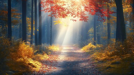 Obraz premium Autumn Path Sunlight Forest Mystique 